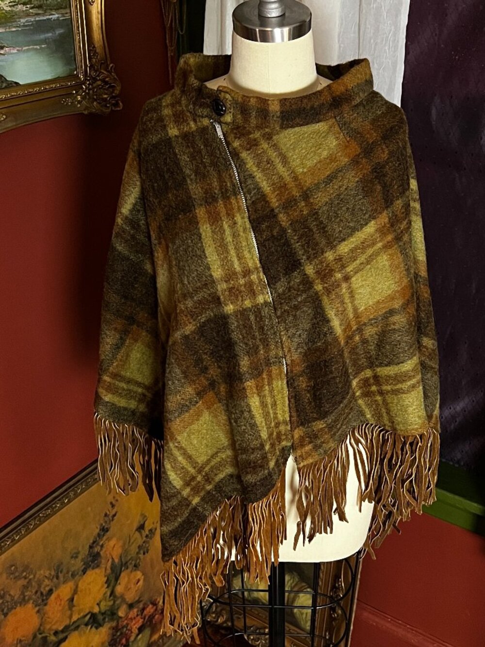 Plaid Wool Poncho with Leather Fringe